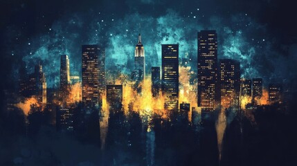 Obraz premium Dramatic cityscape with illuminated buildings at night