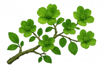 Vibrant green flowers blooming on a branch with leaves, isolated on a transparent background, perfect for spring and nature-themed designs
