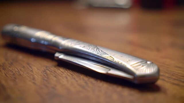 Intricate Engraved Folding Pocket Knife Unfolding on Wooden Surface