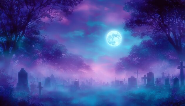 MONDLICHT-NACHT AUF DEM FRIEDHOF MIT NEBLIGER ATMOSPH&Auml;RE