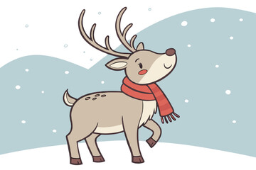 A cartoon deer wearing a colorful scarf and hat, smiling cheerfully against a simple background.