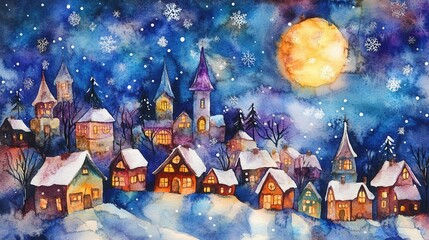 Fototapeta premium Serene snowy village at night with houses and trees