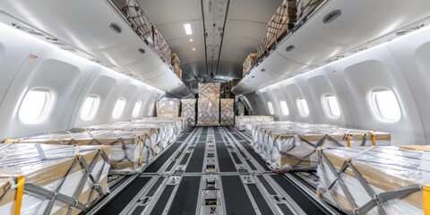 The interior of a white airplane cabin with rows of cargo compartments, each containing multiple stacks of cardboard boxes and plastic bags