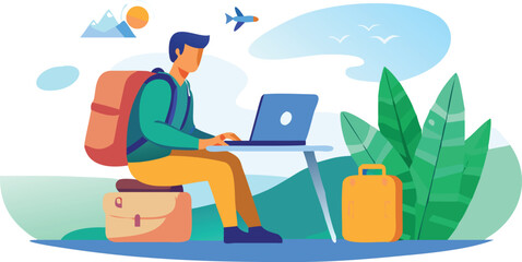 Man with a backpack working on a laptop in a casual setting, focused on his computer screen.