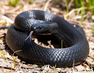 Close-up of a black snake coiled on the ground