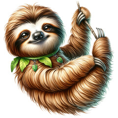 Naklejka premium Cute sloth hanging on branch, jungle animal, furry tropical creature, adorable sloth clipart.