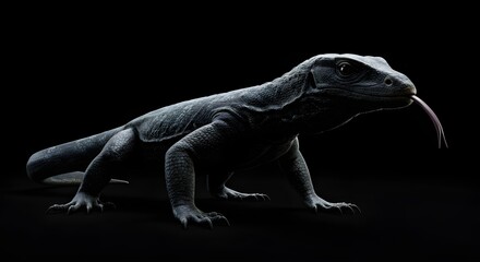 Obraz premium Dramatic Low Key Komodo Dragon with Tongue Out Reptile Portrait