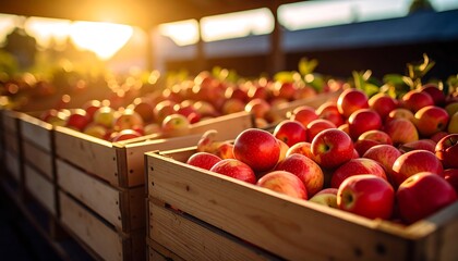 Red apples in wooden crates with sunset. (1)