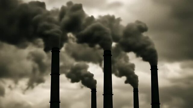 Industrial Smokestacks Releasing Heavy Air Pollution into the Atmosphere