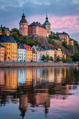 Naklejka premium Colorful European cityscape reflected in a calm river at sunset