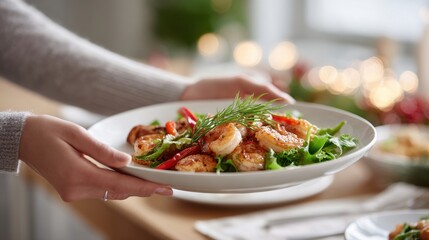 Delicious shrimp salad served in a festive setting with holiday decor and soft lighting for a cozy dining experience