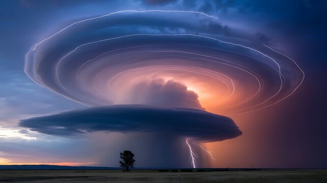 Spectacular supercell thunderstorm with dramatic lightning and a lone photographer