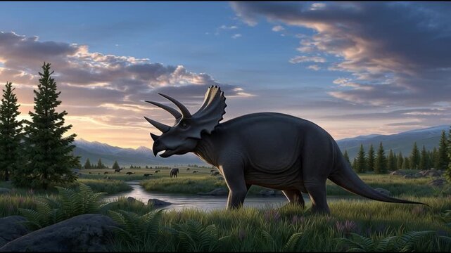 Triceratops in the primeval landscape: A colossal Triceratops roams freely in a vibrant, prehistorical environment.