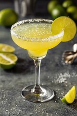Vibrant margarita in a glass, garnished with lime