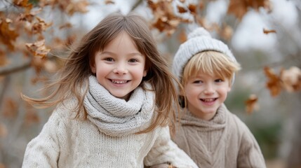 Children smiling while playing outdoors in autumn with fallen leaves