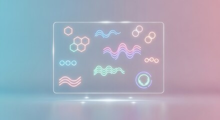 Futuristic Scientific Data Visualization: Glowing Molecules, Waves, and Digital Information on a Modern Transparent Display