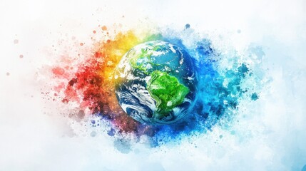 Fototapeta premium Planet Earth surrounded by colorful watercolor paint splatters