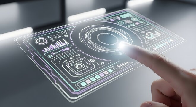 Hand Interacting with Advanced Digital Interface, Visualizing Data and Future Technology on a Transparent Screen, Emphasizing Innovation and Connectivity