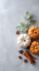 Fototapeta premium Colorful pumpkins and spices arranged on a gray surface for autumn decorations and seasonal recipes