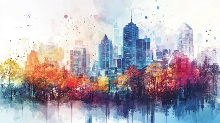 Obraz premium Serene autumn cityscape with colorful buildings and trees