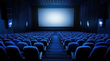 Empty Cinema Theater, Blue Seats, Big Screen