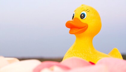 Close-up of a yellow rubber ducky, partially obscured by blurred pink objects in the foreground