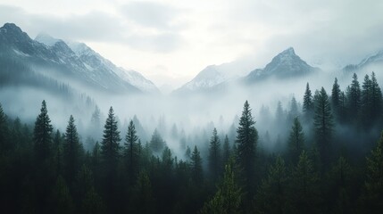 Fototapeta premium Mysterious Fog Among Tall Trees in Serene Mountain Landscape