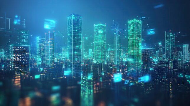 Illuminated cityscape at night with digital data overlay - Powered by Adobe