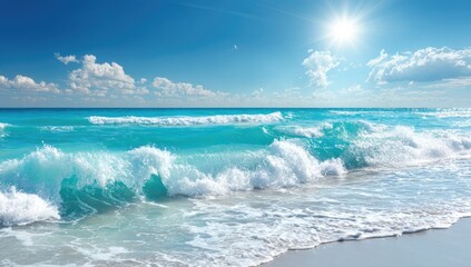 Azure waves crash on a sandy shore under a vibrant blue sky