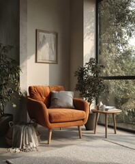 Minimalist home interior design of modern living room. Serene reading corner with orange armchair, small side table and lush green plant. The natural light highlights soft rug and warm-toned wall.