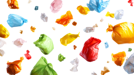 Colorful plastic bags floating on black background Pollution environmental waste