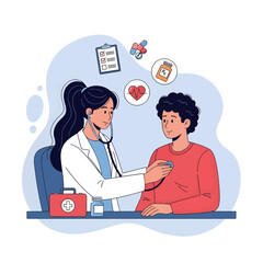 Set of medical illustrations of a doctor examining a patient with a stethoscope.
