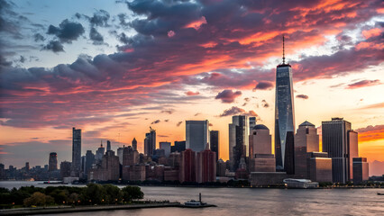 Dramatic Pink and Orange Sunset Sky Over New York City Skyline Featuring One World Trade Center and Numerous Skyscrapers Reflected in Calm Water