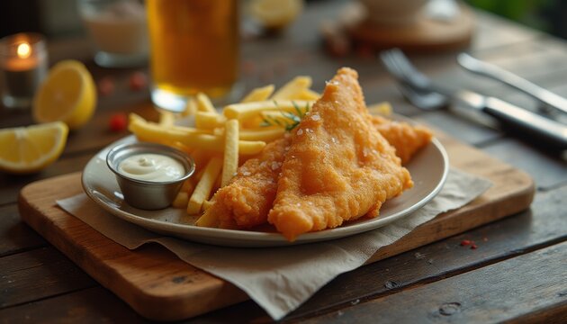 Fried fish and french fries with dipping sauce on restaurant table - Powered by Adobe