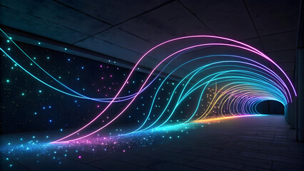 Abstract Neon Light Trails Flowing Through Dark Tunnel Glowing Pink Blue Teal Yellow Energy Lines Sparkling Dust Particles Futuristic Corridor