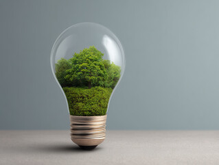 Light bulb containing miniature green forest symbolizes innovation and sustainability in nature conservation