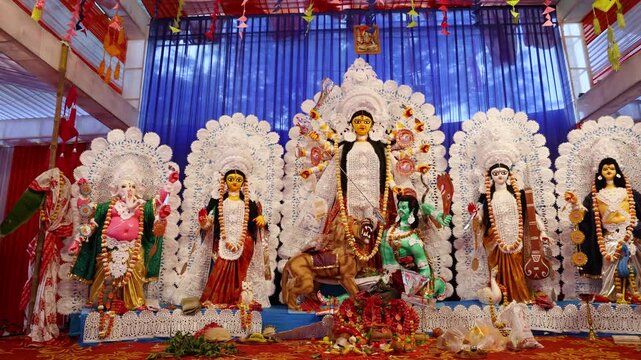 sacred goddess durga idol worship during dussehra celebration at daylight