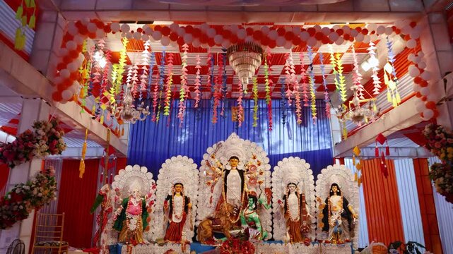 durga puja festival with ornate idol display in temporary shed