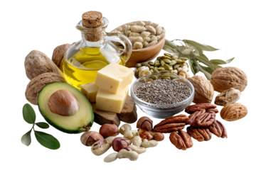 Healthy fats food assortment nuts seeds avocado oil butter