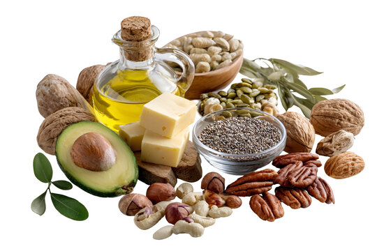 Healthy fats food assortment nuts seeds avocado oil butter