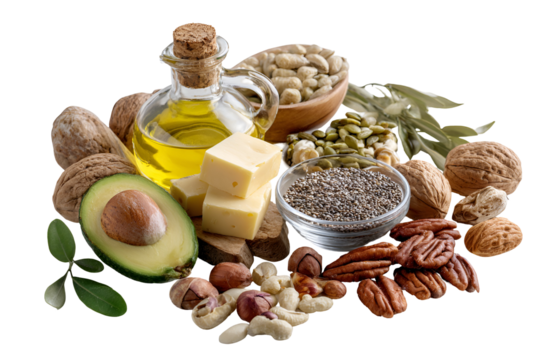 Healthy fats food assortment nuts seeds avocado oil butter