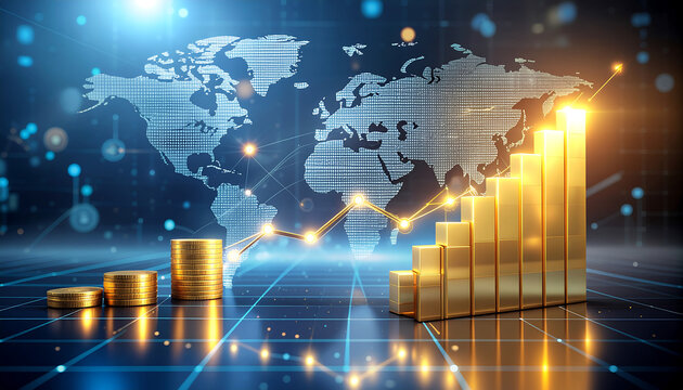 digital illustration depicting global economic growth, symbolized by a rising golden bar graph and coins against a world map backdrop.