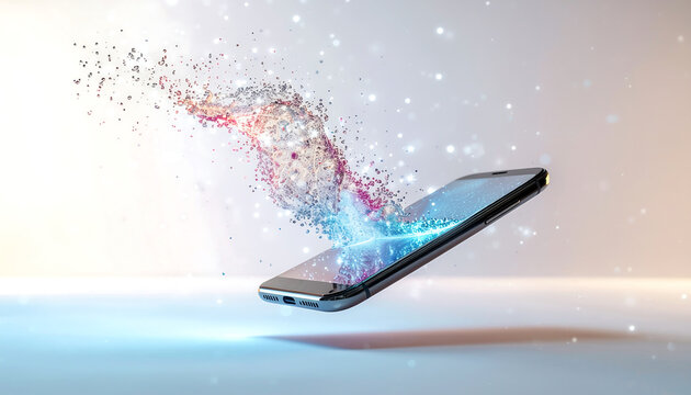 smartphone floating in mid-air projecting geometric hologram shapes, glowi 