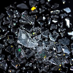 A close up shot of a pile of broken glass shards scattered on a dark black surface with light reflections