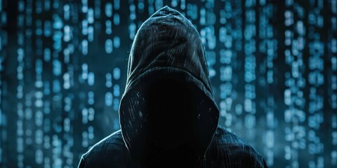 A mysterious hooded figure stands against a backdrop of blue, glowing digital code, with a shadowy, shadowed face and hooded figure