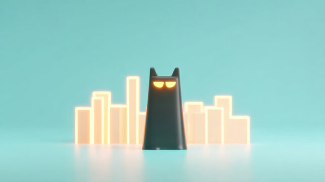 Cyberpunk Halloween concept with dark cat figure glowing eyes and neon cityscape background creating mysterious futuristic vibe