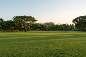 Obraz premium Lush green lawn with trees under a pale sky