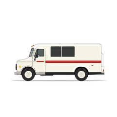 Creamcolored delivery truck with red stripe and blackedout windows side view