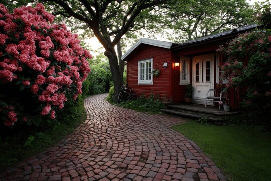 Red cottage nestled in a garden. Winding brick path. Lush landscaping - Powered by Adobe