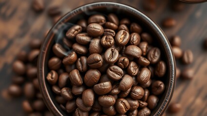 Fototapeta premium Freshly roasted coffee beans in a bowl, steaming with warmth, evoking a cozy rustic atmosphere.